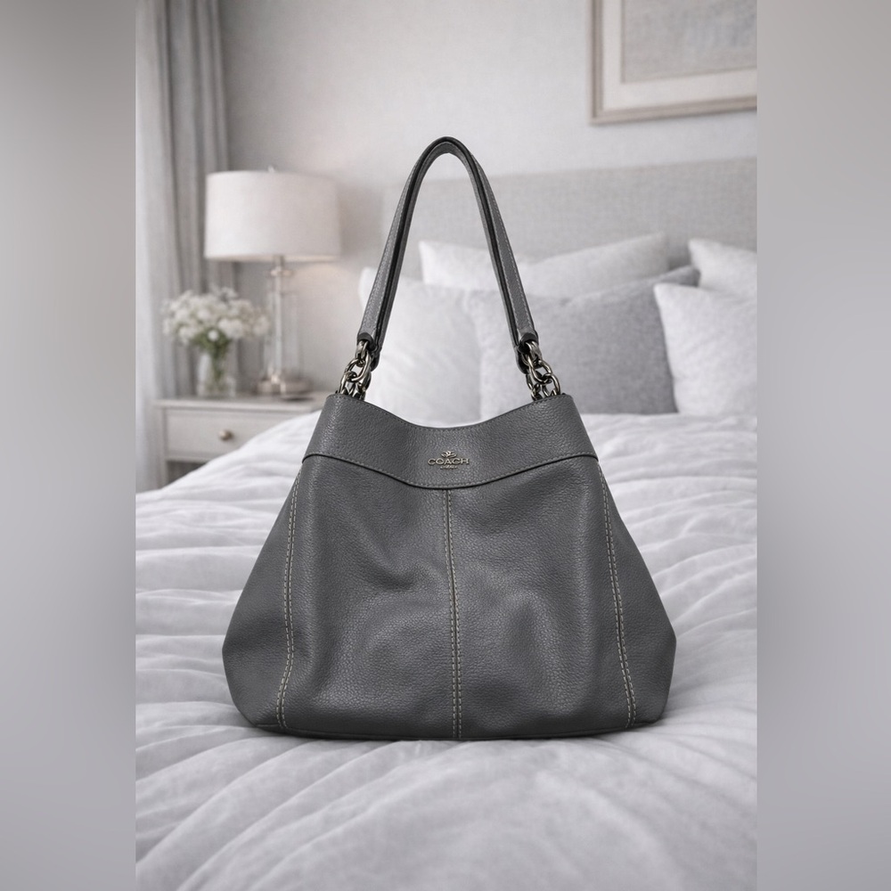 Coach Lexy Shoulder Bag crafted from‎ pebble leather Gray Leather Shoulder Bag